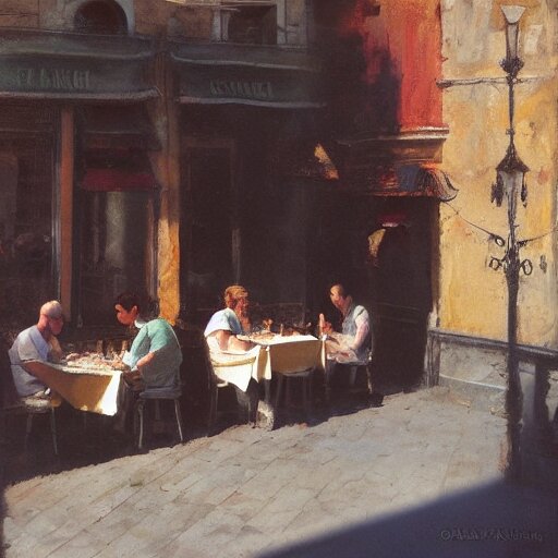 italian restaurant in venice, sunny, shadows, craig mullins 