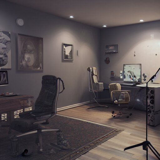 home studio for a radio streaming, realistic, octane render, cinematic, gaming system theme, lighting shadows, detailed illustration, 8 k, intricate details, oil painting 