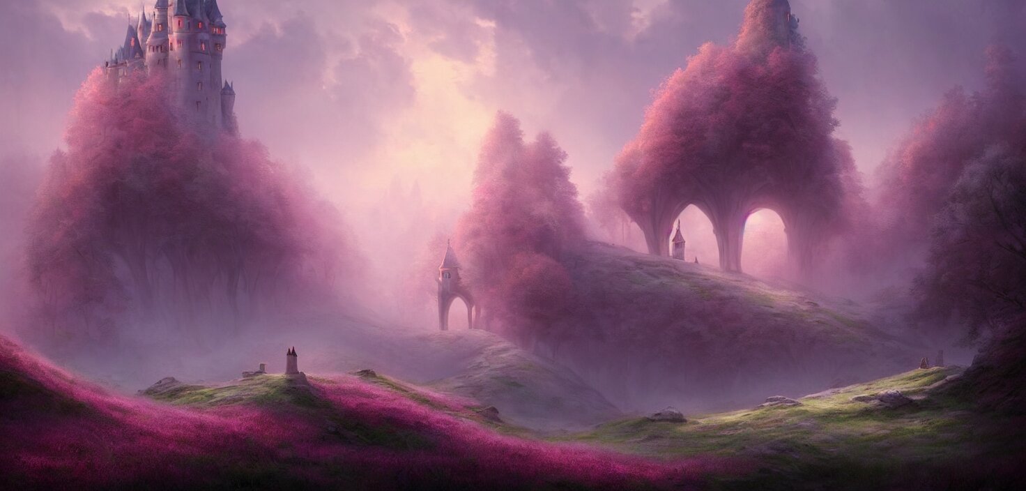 a fairytale castle on a hill in the forest pink fog envelops the castle landscape, cinematic view, epic sky, detailed, concept art, low angle, high detail, warm lighting, volumetric, godrays, vivid, beautiful, trending on artstation, by jordan grimmer, huge scene, grass, art greg rutkowski 