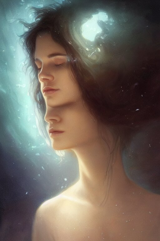 meditation deep in dark murky water!!!, underwater atmospheric mood, asleep and dreaming! cinematic volumetric lights, bust portrait, dnd, fantasy, intricate, elegant, highly detailed, digital painting, artstation, concept art, smooth, sharp focus, illustration, art by artgerm and tom bagshaw and greg rutkowski and alphonse mucha 