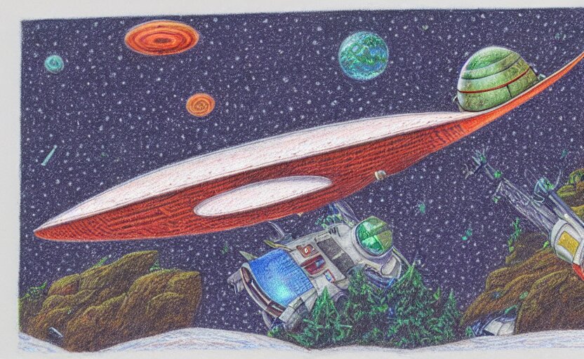 intricately detailed color pencil drawing, retro spaceship crash landed on an alien winter landscape 