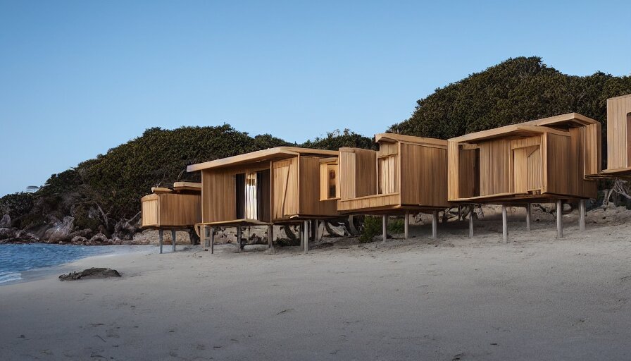 An architectural rending of an eco-community of contemporary 3D printed sea ranch style cabins with rounded corners and angles, beveled edges, made of cement and concrete, organic architecture, on the California coastline with side walks, parks and public space , Designed by Gucci and Wes Anderson, golden hour