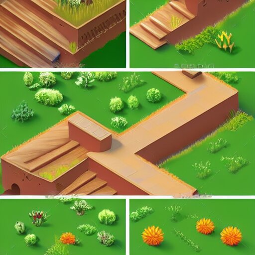 3 d mobile game prop pack is an isometric stairs but with an organic natural design that is based on different grass items - like plants with grass all inspired artstation stylized nature. around the stair, we can see flowers, grass, bushes. all in isometric perspective and semi - realistic style white background 