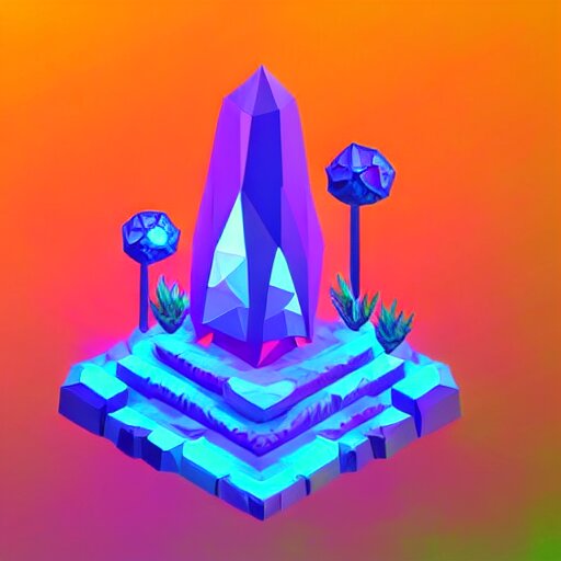 mobile game asset, isometric staircase, crystals, organic low poly vector design, bioluminescent alien - like plants of pandora, aesthetic of avatar's alien nature. we can see alien plants glowing in the dark arround the isometric itens in dark place cyan, orange smooth glow night photoshop filter low poly behance hd 