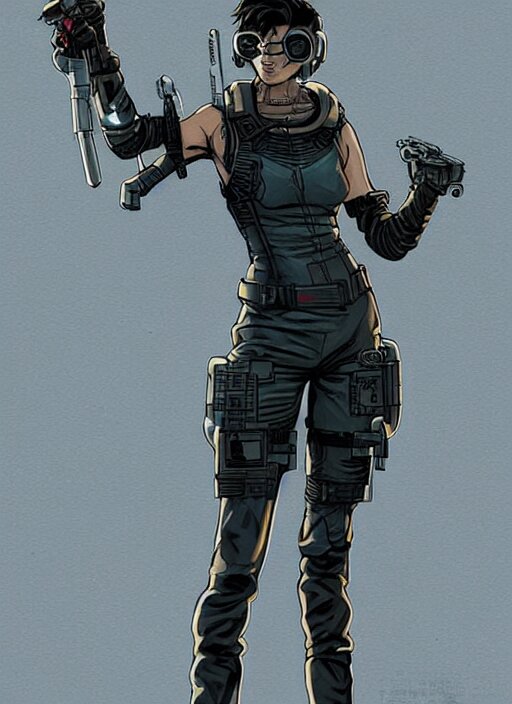 feminist selina. gorgeous female cyberpunk assassin wearing a military vest, and tactical jumpsuit. gorgeous face. realistic proportions. concept art by james gurney and laurie greasley. moody industrial skyline. artstationhq. creative character design for cyberpunk 2 0 7 7. 