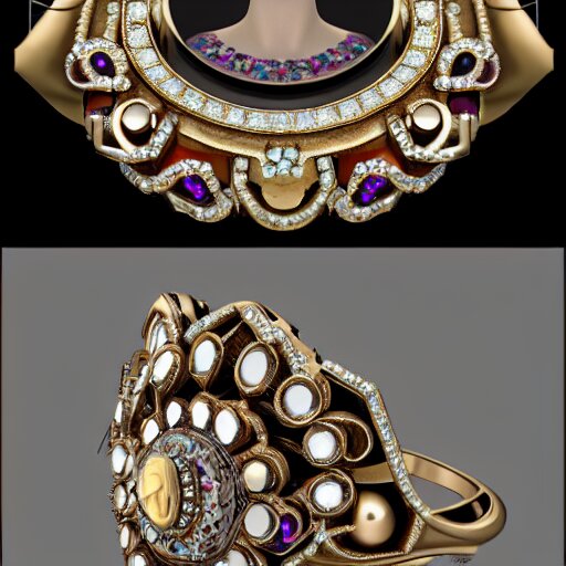 complex golden ring with cameo and gems on the female model hand with bust with a cyberpunk style, 8k, details