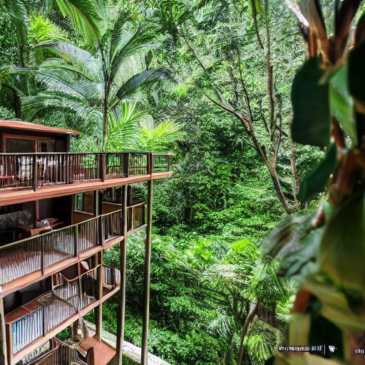 2000sf two level house,wrap around balconies, rock front yard, in a tropical rainforest,photorealistic,8k, XF IQ4, 150MP, 50mm, F1.4, ISO 200, 1/160s, natural light