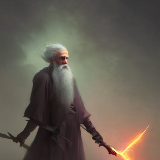 cinematic shot epic portrait an wizard with gray hair and long beard casting a spell with a magic wand, glowing, magic, broad light, ambient occlusion, volumetric light effect, made by ivan aivazovsky, peter mohrbacher, greg rutkowski, matte painting, trending on artstation, 4 k, perfectly defined features, digital painting, cinematic, epic, highly detailed, 