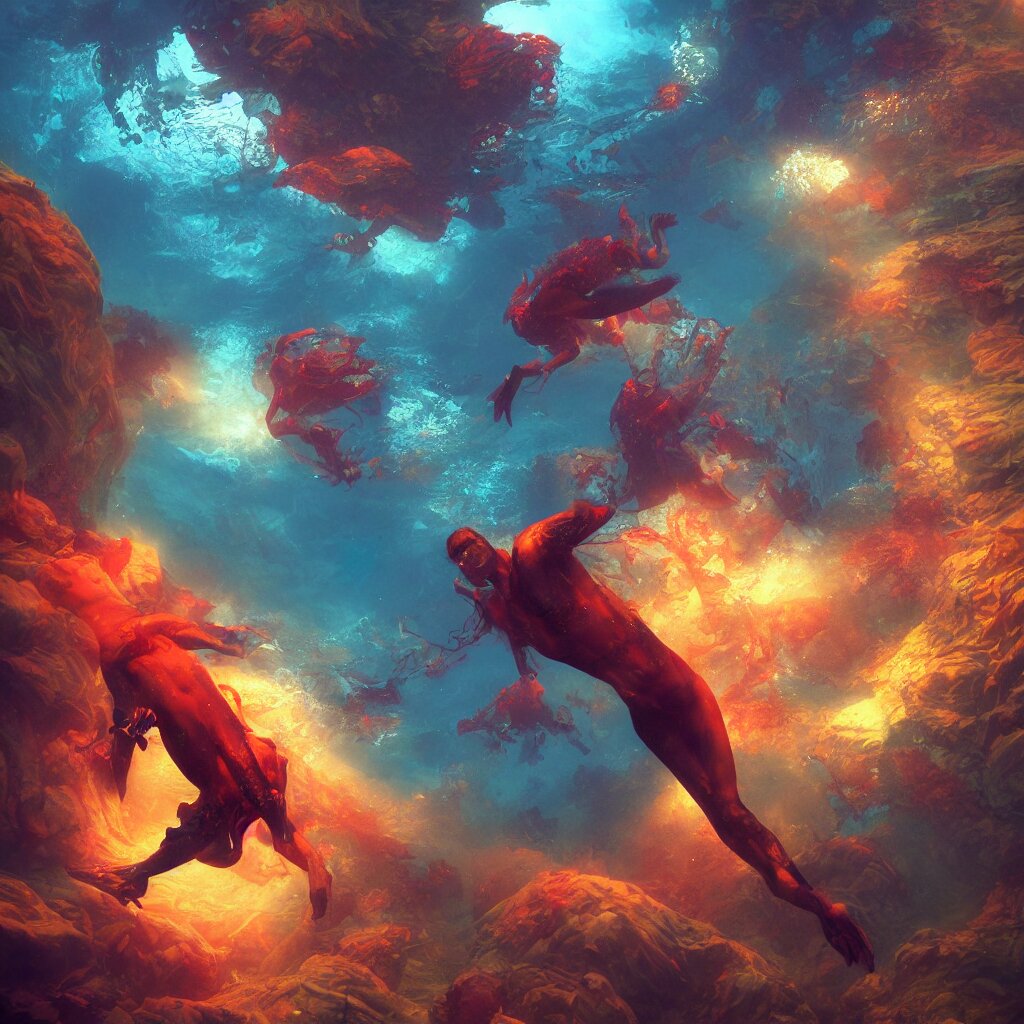 man underwater floating, vivid colors, sharp focus, digital art, Unreal Engine, Dramatic Lighting by Brom, trending on Artstation