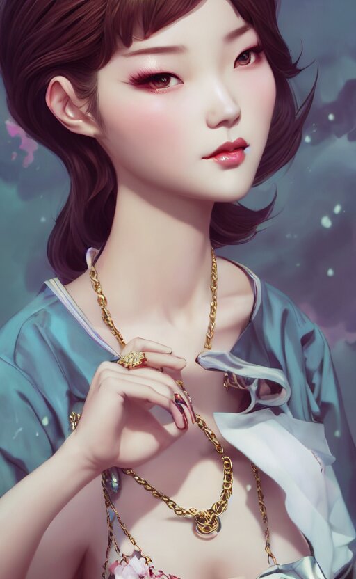 a pin up and beautiful fashion charming dreamlke korea girl with lv jewelry, character art, art by artgerm lau and kyoung hwan kim and and ilya kuvshinov and john singer sargent, hyperdetailed, 8 k realistic, symmetrical, frostbite 3 engine, cryengine, dof, trending on artstation, digital art 