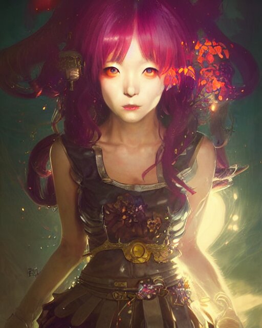 mirei kiritani as anime girl, mushroom kingdom, fantasy character portrait, concept art, sorceress, magical aura, bright, interesting angle, intricate details, highly detailed by greg rutkowski, gaston bussiere, simon bisley 