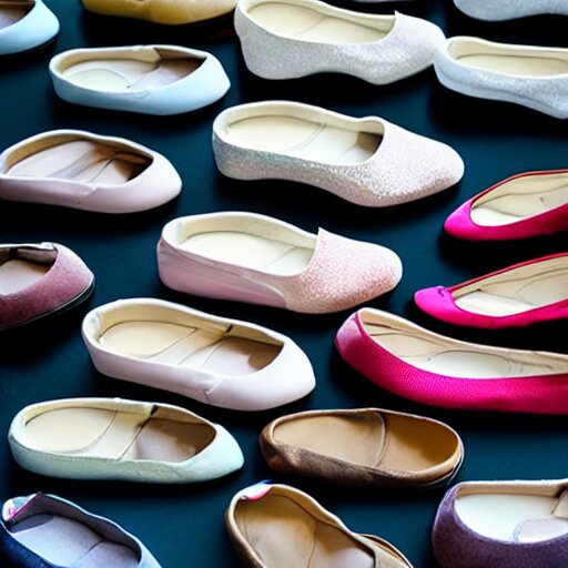 a collection of ballerina shoes,various colors,professional lighting