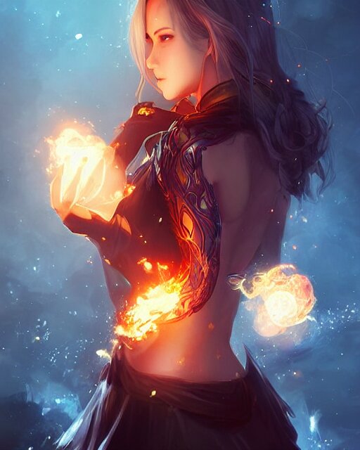 digital art by wlop and artgerm in the style of throne of glass book covers illustrations, a young adult female magician with fireballs in hand and a blue magic lighting aurea overlay 