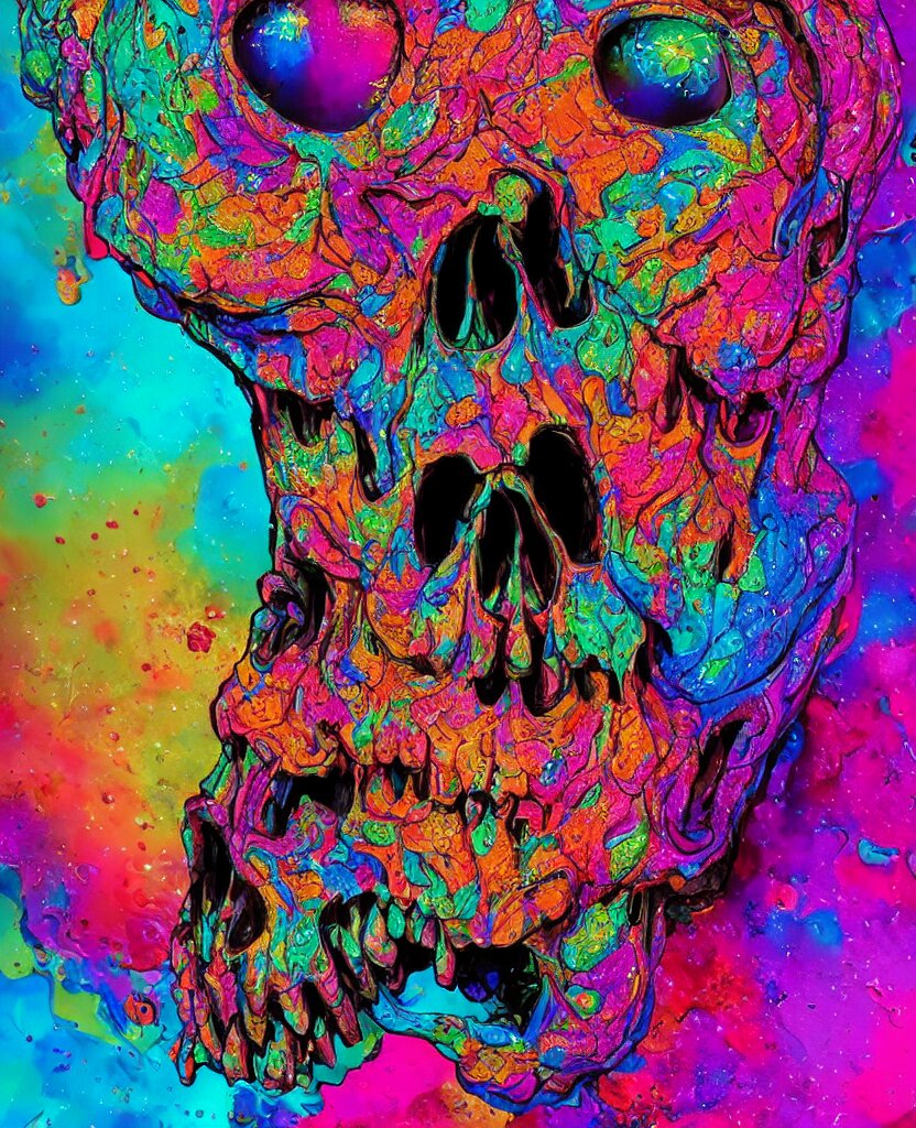 illustration of a colorfull melting human skull. flowers and blossoms, ferrofluids, burning water distortions. intricate abstract. intricate artwork. by tooth wu, wlop, beeple, dan mumford. octane render, trending on artstation, greg rutkowski very coherent symmetrical artwork. cinematic, hyper realism, high detail, octane render, 8 k, depth of field, bokeh. iridescent accents 