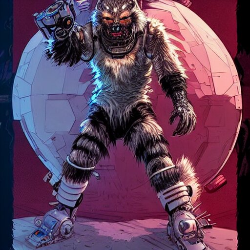 portrait of a cybernetic werewolf warrior with white fur and power armor, cyberpunk concept art by josan gonzales and moebius and enki bilal and and dan mumford and jean claude meziere and philippe druilleg 