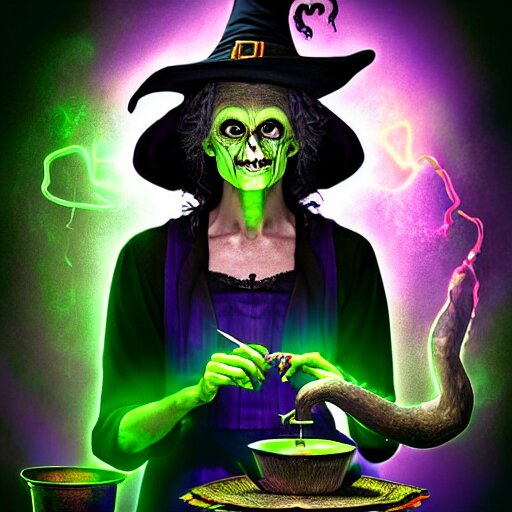 a portrait of a scary ugly witch that is brewing a wicked potion in her cauldron that is marked with magical symbol that are glowing, highly detailed, digital photo, hdri, by christopher bretz and john carpenter, vivid colors, high contrast, 8 k resolution, intricate, photorealistic, smooth, psychedelic color scheme, concept art, award winning, cg society contest winner 