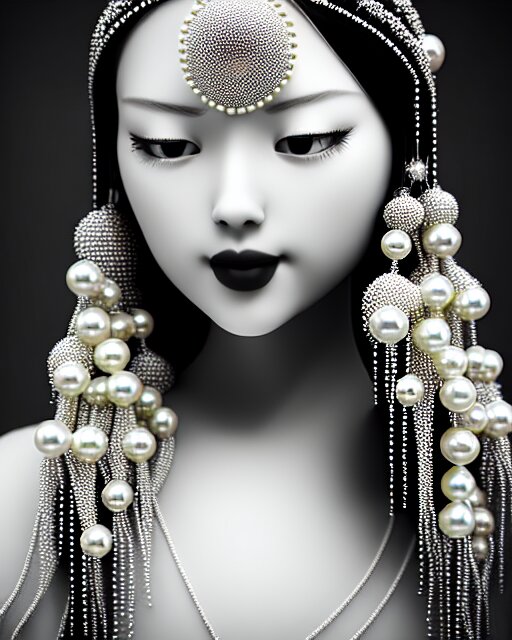 black and white dreamy young beautiful female artificial intelligence, realistic pearl ornament in the face, long hair are intricate with highly detailed realistic pearls, cinematic, rim light, bokeh, photo - realistic, elegant, high detail, 8 k, masterpiece, photo taken in 1 9 3 0 