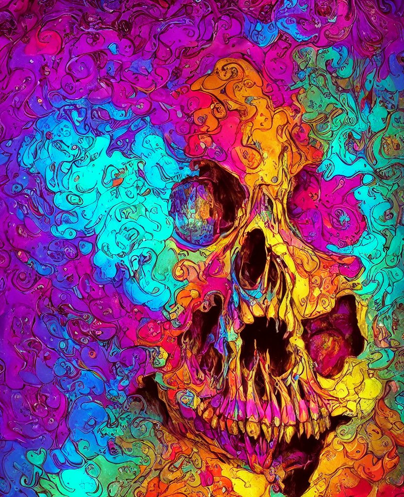 illustration of a colorfull melting human skull. flowers and blossoms, ferrofluids, burning water distortions. intricate abstract. intricate artwork. by tooth wu, wlop, beeple, dan mumford. octane render, trending on artstation, greg rutkowski very coherent symmetrical artwork. cinematic, hyper realism, high detail, octane render, 8 k, depth of field, bokeh. iridescent accents 