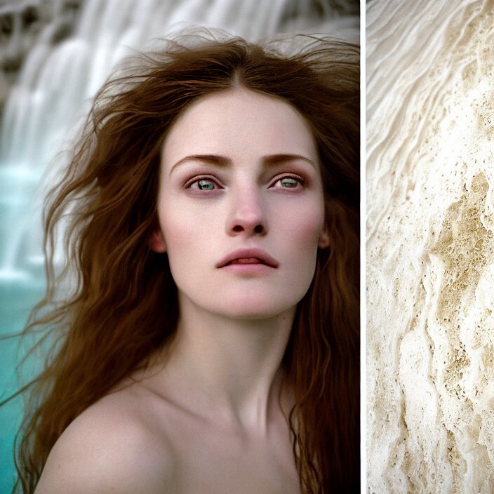 Kodak Portra 400, 8K,ARTSTATION, Caroline Gariba, soft light, volumetric lighting, highly detailed, britt marling style 3/4 ,  extreme Close-up portrait photography of a beautiful woman how pre-Raphaelites, the face emerges from Pamukkale, thermal waters flowing down white travertine terraces ,and hair are intricate with highly detailed realistic beautiful flowers , Realistic, Refined, Highly Detailed, interstellar outdoor soft pastel lighting colors scheme, outdoor fine art photography, Hyper realistic, photo realistic