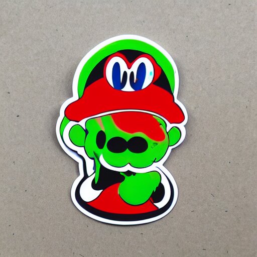 die cut sticker, yoshi wearing mario's mustache, splatter paint 