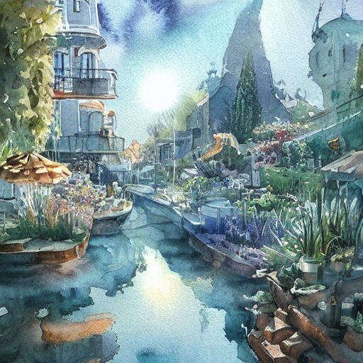 Beautiful happy picturesque charming sci-fi town in harmony with nature. Beautiful light. Water and plants. Nice colour scheme, soft warm colour. Beautiful detailed artistic watercolor by Vincent Bons. (2022)