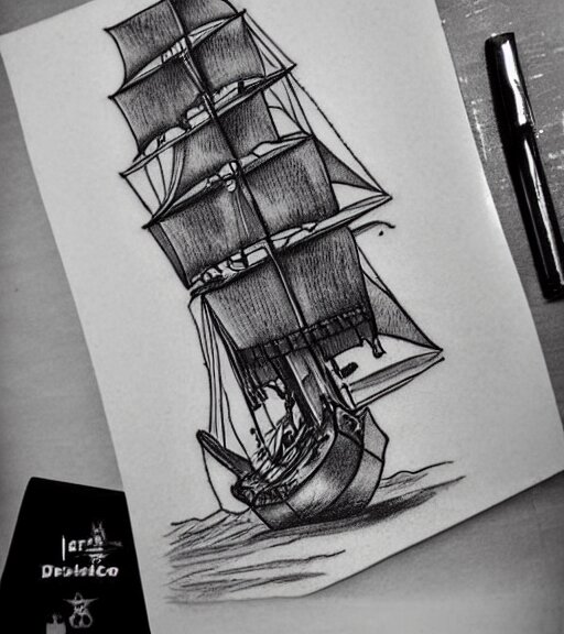 A realistic tattoo design sketch of a pirate ship, paper background, black and white tattoo, highly detailed tattoo, shaded tattoo, hyper-realistic tattoo