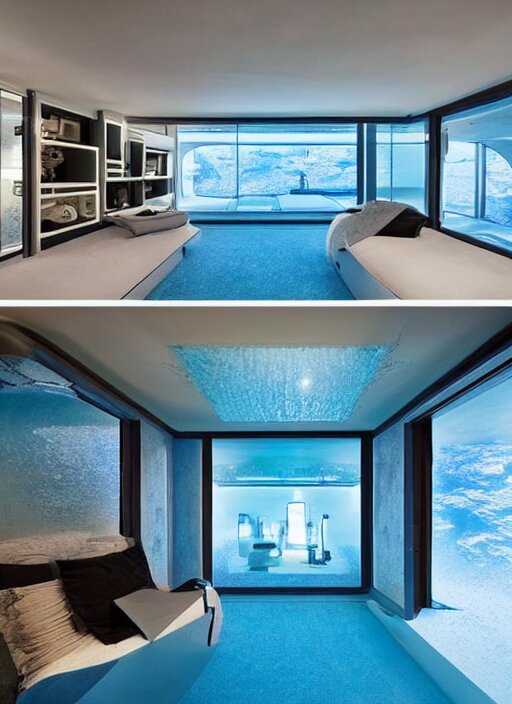 a futuristic sci - fi underwater home with mirrored walls, dreamatic lighting 