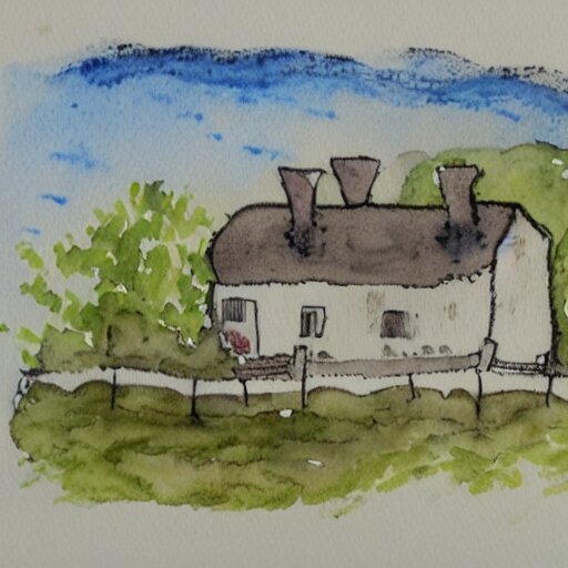 a watercolor and ink painting of a cottage, drawn on white parchment paper 