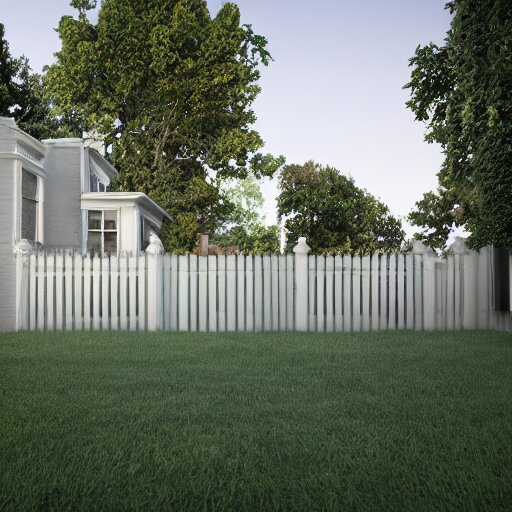 retrofuturist house, lawn, trees, white picket fence, realistc octane render, depth of field, soft lighting, 8k