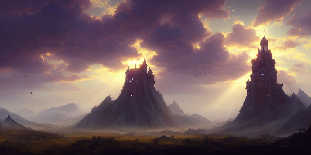 a beautiful fantasy landscape, medieval tower, majestic, god rays, silhouette of a flock of birds in the sky, extremely detailed digital painting, in the style of fenghua zhong and ruan jia and jeremy lipking and peter mohrbacher, mystical colors, rim light, beautiful lighting, 8 k, stunning scene, raytracing, octane, trending on artstation 