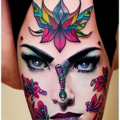 tattoo on female face, epic, colorful, beautiful, intricate detail