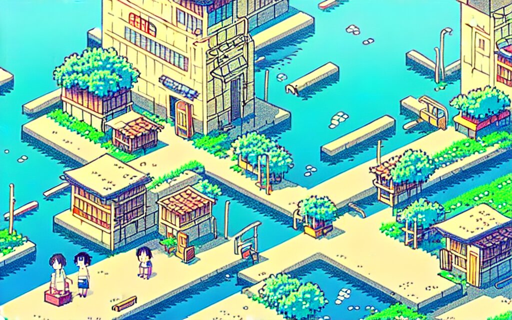 a japanese city near the sea, lofi, dreamy, moody, anime inspiration, ghibli vibe, pixelart 