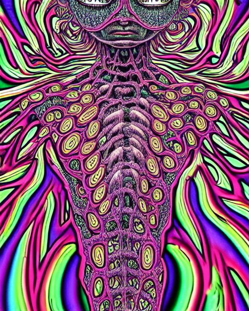 human body breaking away, conjuring psychedelic illustration, part by shintaro kago, part by alex gray, ultra realistic, highly detailed, 8 k, symmetry, fractals, grotesque, vibrant 