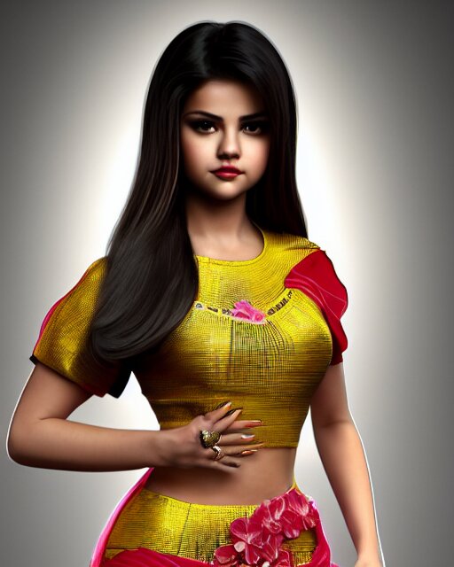 a beautiful selena gomez wearing modern stylish costume in the style of Assamese bihu mekhela sador gamosa design, commercial fashion design art by Chie Yoshii, face by artgerm and daz3d genesis iray, cinematic lighting, medium shot, mid-shot, slim female figure ramp walk model pose, highly detailed, trending on Artstation, Unreal Engine 4k, cinema 4d multi-pass ray traced, 8k fabric texture details, octane render, diffused natural skin glow