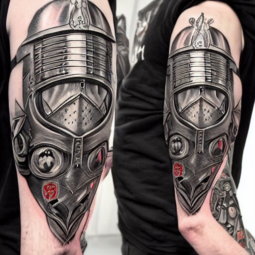 A german knight in armor designed by alex grey, tattoo, tattoo art, Black and grey tattoo style