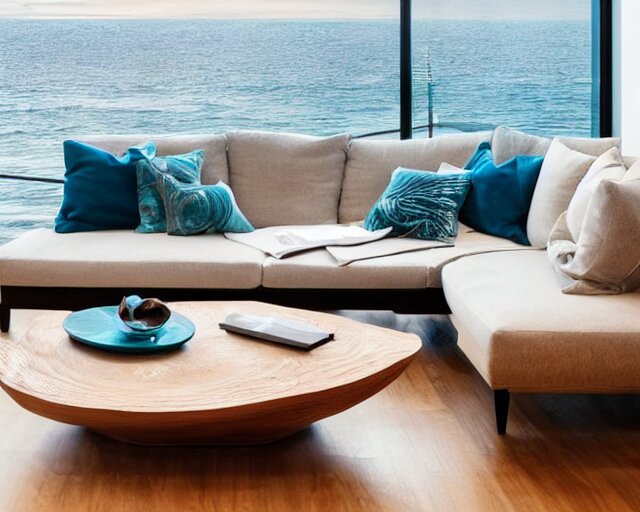 A modern living room inspired by the ocean, a luxurious wooden coffee table with large seashells on top in the center, amazing detail, 8k resolution, calm, relaxed style, harmony, wide angle shot