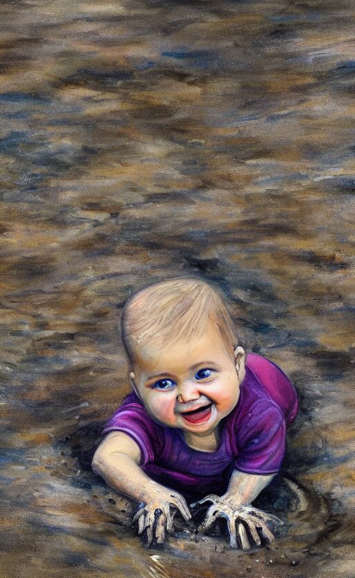 beautiful detailed painting of a baby crawling in the mud. the baby is smiling and happy, and wearing small wellies. vibrant, high quality, very funny, beautiful, hq. hd. 4 k. award winning. trending on artstation 