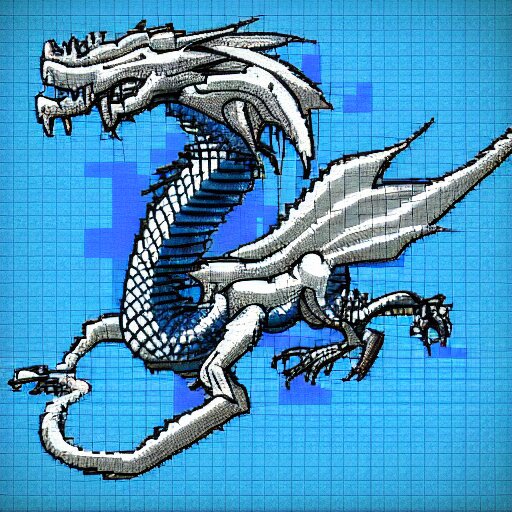 blue blueprint of a fantasy dragon pixel art 