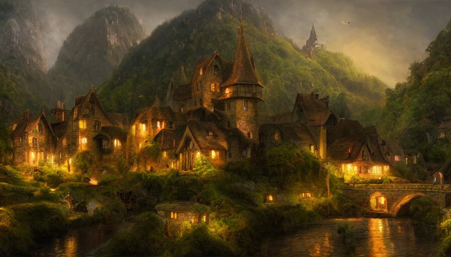 Realistic digital painting of uge English village with humongous king's castle built in green mountains at night, hyperdetailed, artstation, cgsociety, 8k