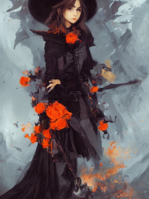 Full shot of a cute mischievous young witch about to get up to some trouble. Latin inspired fashion. Black and Orange palette. By Ruan Jia and Artgerm and Range Murata and WLOP and CLAMP. Key Art. Fantasy Illustration. award winning, Artstation, intricate details, realistic, Hyperdetailed, 8k resolution.