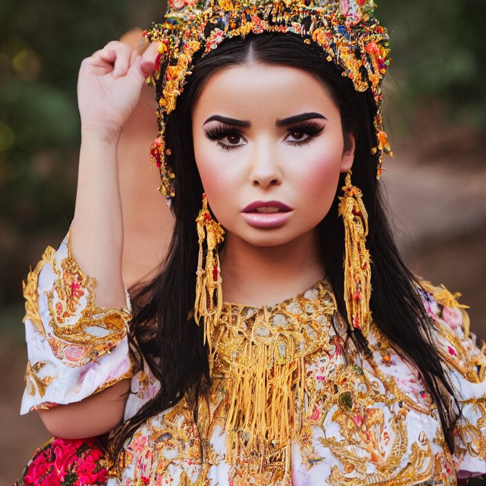 portrait of demi rose wearing southeast asian traditional dress, by charlotte grimm, natural light, detailed face, canon eos c 3 0 0, ƒ 1. 8, 3 5 mm, 8 k, medium - format print 