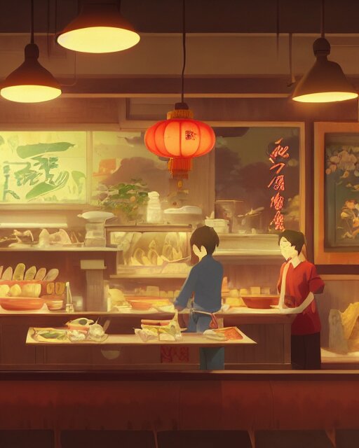 chinese buffet in a homely little restaurant, cory loftis, james gilleard, atey ghailan, makoto shinkai, goro fujita, studio ghibli, rim light, exquisite lighting, clear focus, very coherent, plain background, soft painting 