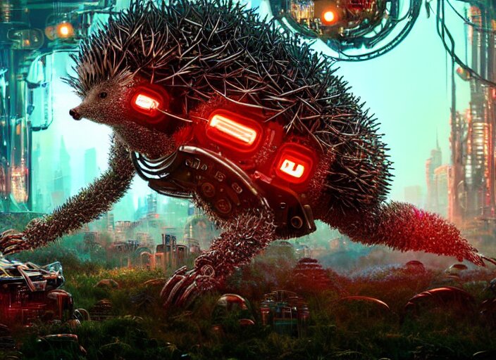  giant intricate mechanical hedgehog with cybernetic enhancements and visible gears and fiber optics, on the background of a weird magical mechanical forest. Very detailed 8k. Fantasy cyberpunk horror. Sharp. Cinematic post-processing. Unreal engine. Nanite. Ray tracing. Parallax. Tessellation