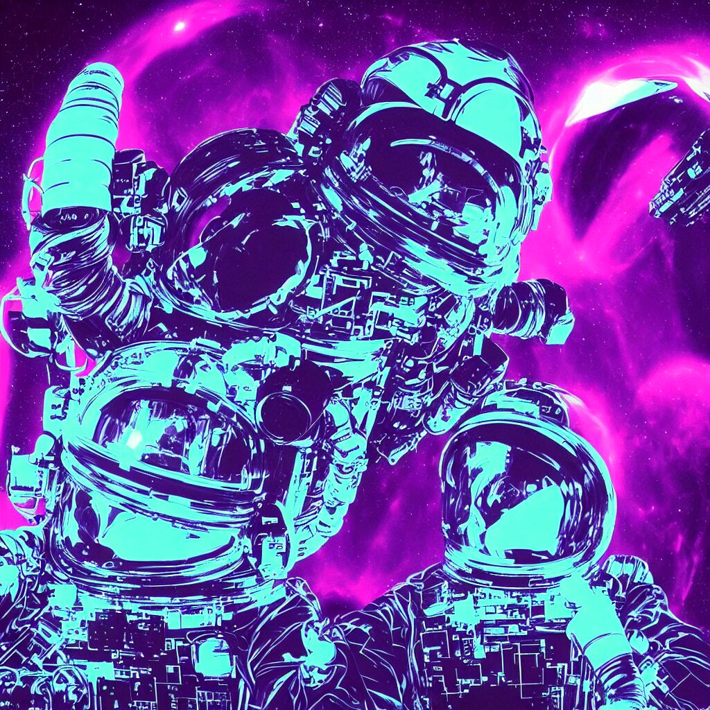 astronaut sucked into blackhole synthwave, glitchy, reflective, holographic, neon 