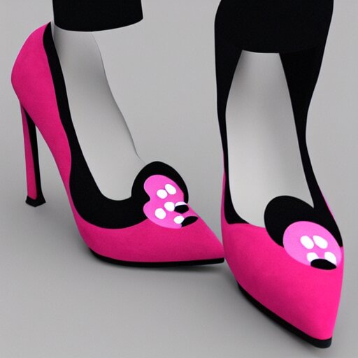 pink suede pumps shoes with slim heels and pointed toes with a happy mickey mouse printed on it, photorealistic, transluscent, glass, beautiful, architecture, product design, clean, highly detailed, 8 k, ornate detail 