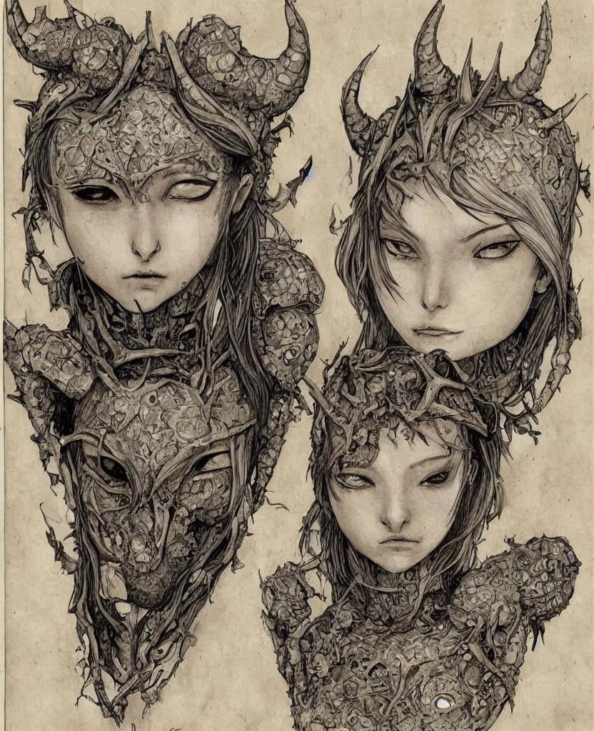 fantasy, symmetrical beautiful human face, front view, female humanoid creature, plant armour, wide intricate horned insect head piece covering forehead, button nose, full lips, muscular, large cute anime eyes, stylised, torso and head, bust, diagram, greys anatomy book, on old distressed parchment paper, watercolour, by brian froud and boichi 