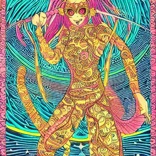 hatsune miki, intricate, amazing line work, cosmic, psychedelic, cheerful, colorful, tarot cards, the devil tarot card