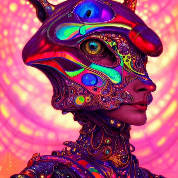 bright psychedelic animal cyborg, diffuse lighting, fantasy, intricate, elegant, highly detailed, lifelike, photorealistic, digital painting, artstation, illustration, concept art, smooth, sharp focus, art by John Collier and Albert Aublet and Krenz Cushart and Artem Demura and Alphonse Mucha