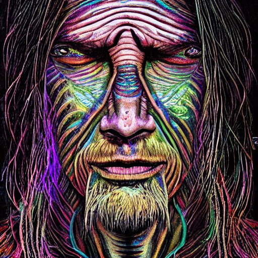 dark portrait of one Bioluminescent old shaman, with cracked reaction diffusion semi-transparent skin. multicolored fish scales, closeup. long dark hair with insects. realistic. intricate, very detailed, by alex grey and Moebius