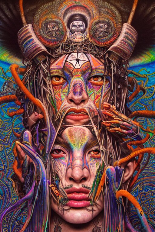 psychedelic shaman, iridescent, wearing shipibo tattoos, inside an epic, ancient temple, ayami kojima, greg hildebrandt, mark ryden, hauntingly surreal, eerie vibrating color palette of charlie immer, highly detailed painting by, jenny saville, soft light 4 k 